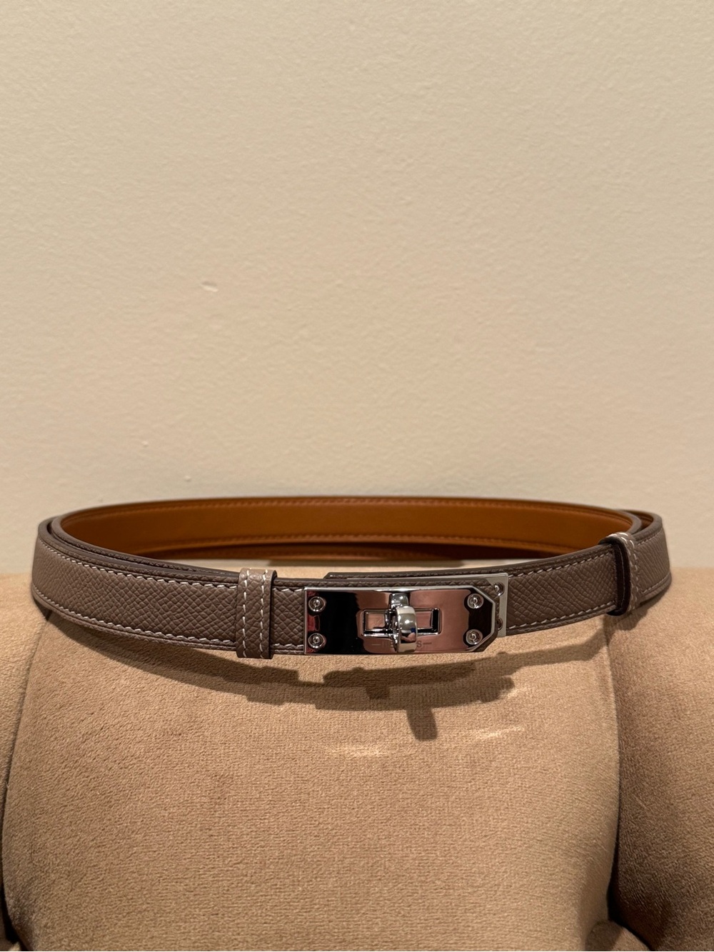 Taupe Leather Belt with Silver Turnlock Buckle